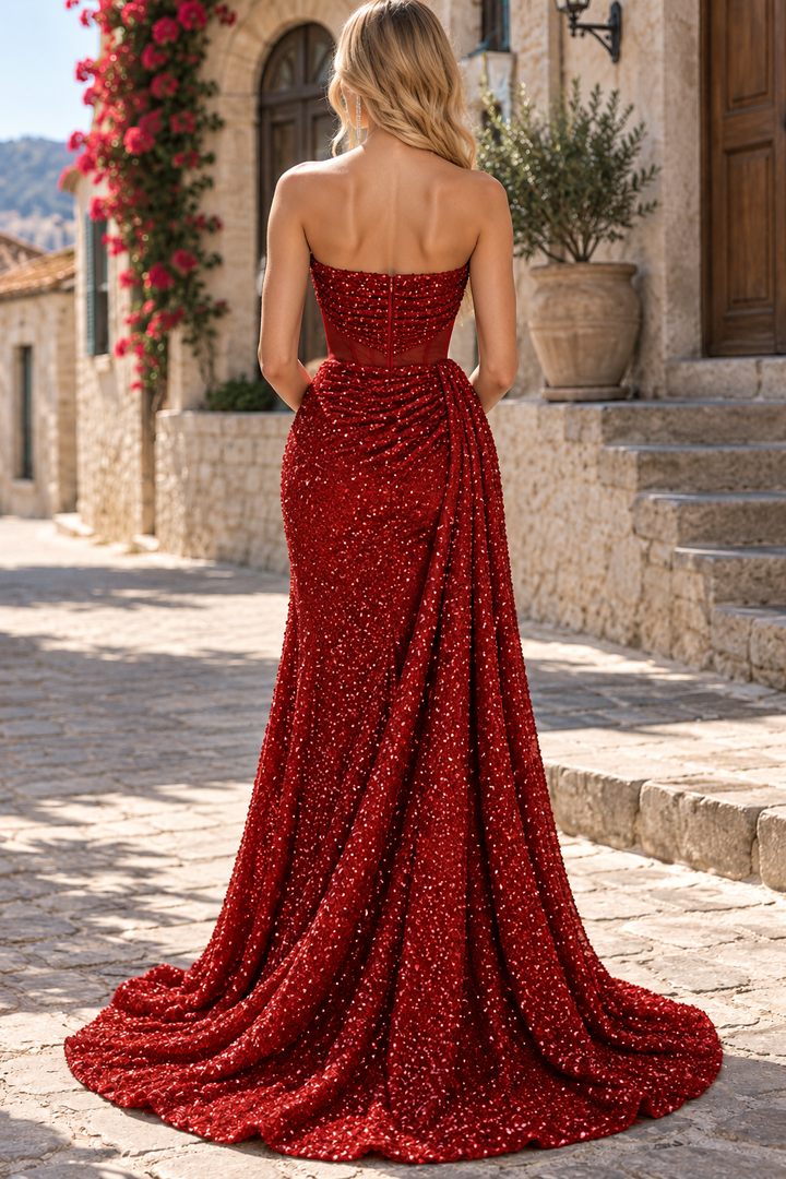 Sparkly A-Line Strapless Scoop Neck Sequined High Slit Long Prom Dress