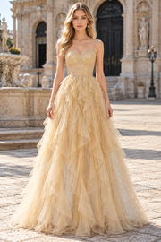 Sparkly Champagne Sweetheart Ruffles A-Line Sleeveless Long Prom Dress with Spaghetti Straps