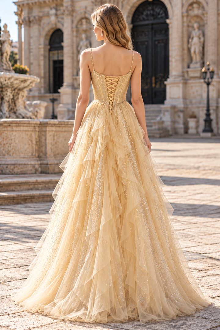 Sparkly Champagne Sweetheart Ruffles A-Line Sleeveless Long Prom Dress with Spaghetti Straps