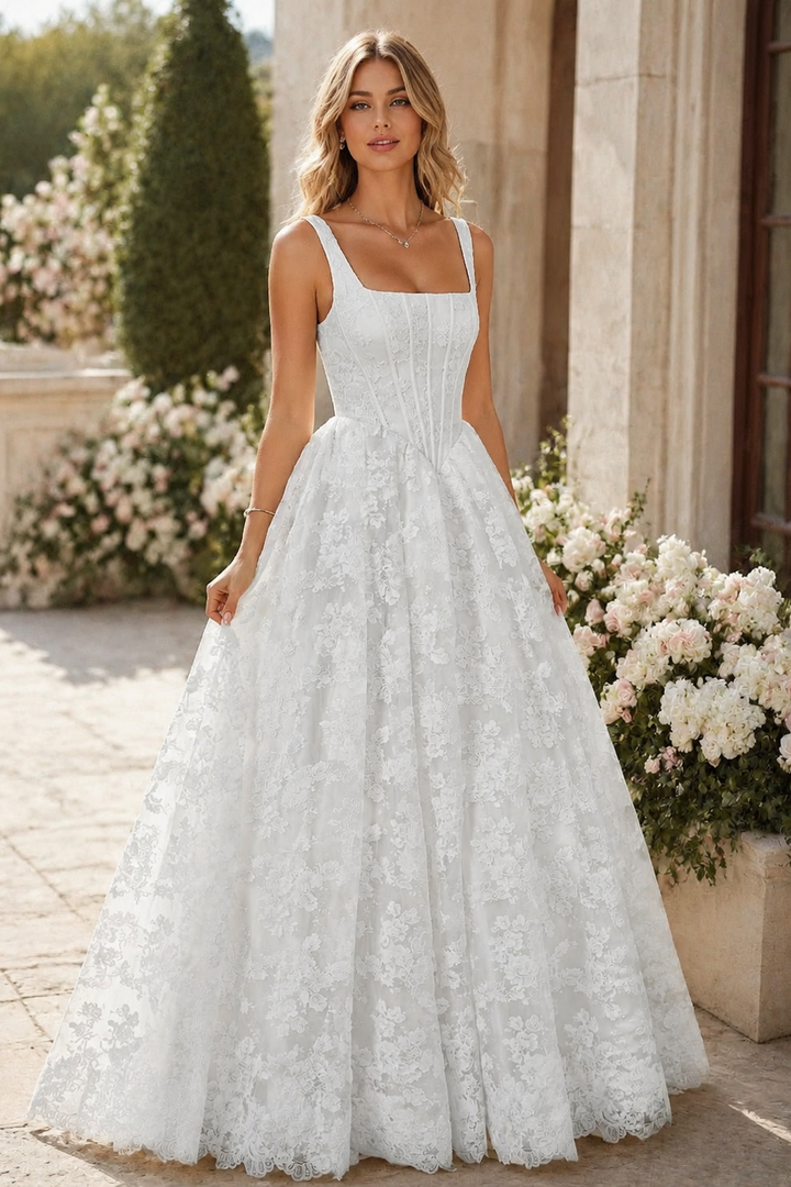 Square Neck Lace A-Line Wedding Dress with Corset Bodice