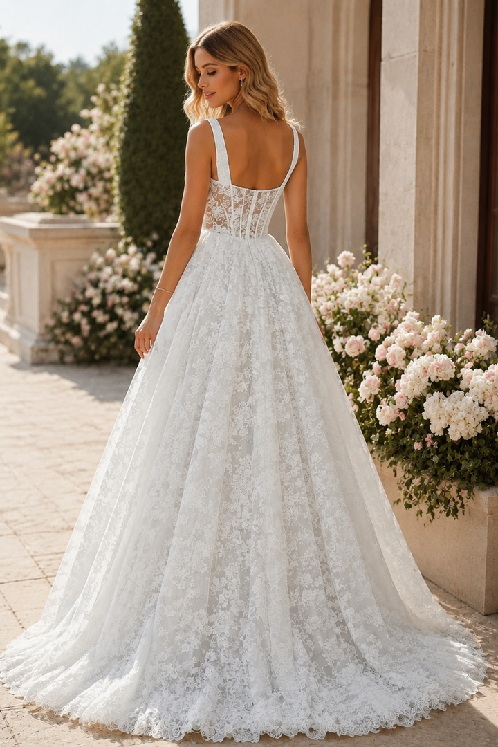 Square Neck Lace A-Line Wedding Dress with Corset Bodice