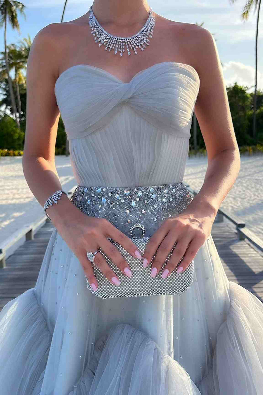 Strapless A-Line Beads Empire-Waist Tiered Tulle Long Prom Formal Dress