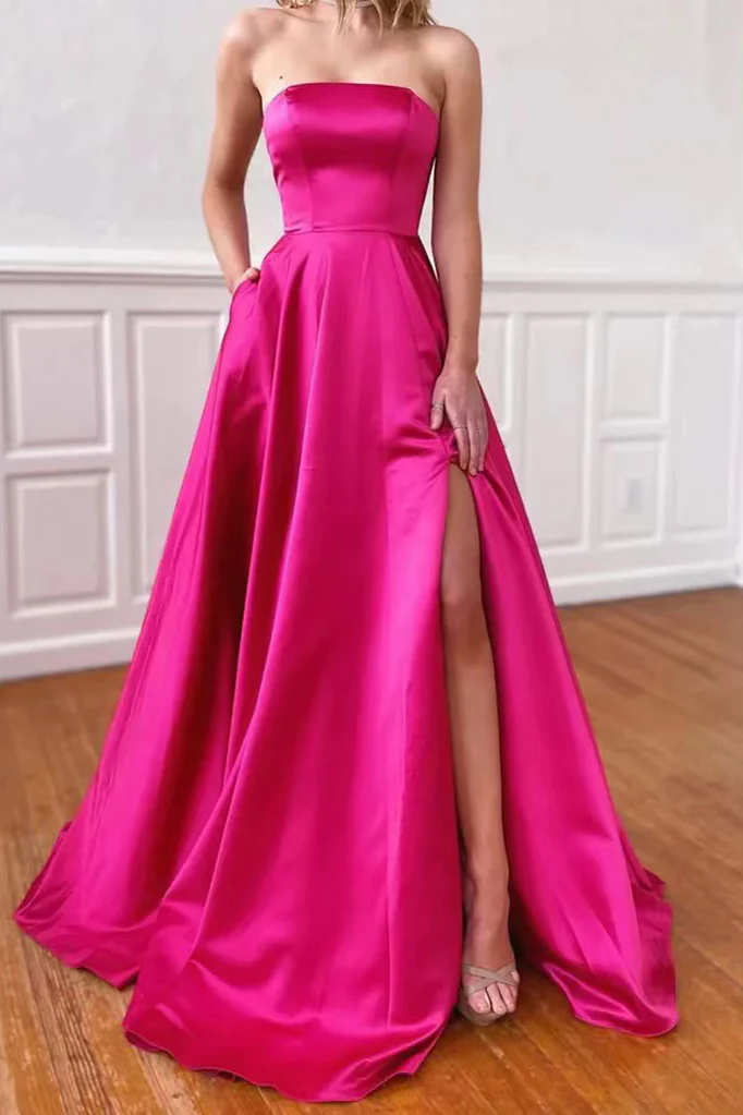 Strapless A-Line Satin Empire-Waist Long Prom Dress with Slit