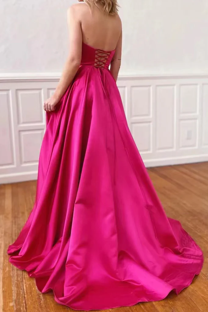 Strapless A-Line Satin Empire-Waist Long Prom Dress with Slit