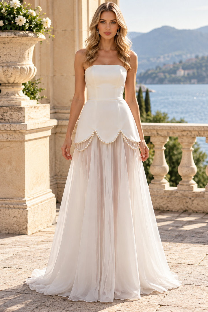 Strapless A-Line Scoop Neck Chiffon Sleeveless Evening Prom Dress