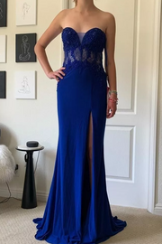 Royal Blue Strapless Sweetheart Appliques Prom Dress with Slit