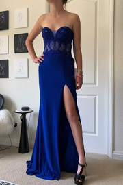 Royal Blue Strapless Sweetheart Appliques Prom Dress with Slit