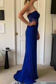 Royal Blue Strapless Sweetheart Appliques Prom Dress with Slit