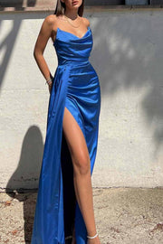 Strapless Blue V-Neck Pleats Satin Long Prom Formal Dress with Slit