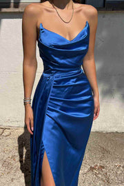 Strapless Blue V-Neck Pleats Satin Long Prom Formal Dress with Slit