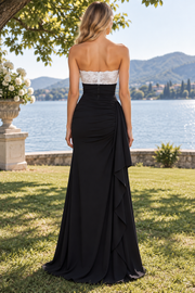 Strapless Color Blocking Pleats Satin High Slit Long Prom Formal Dress