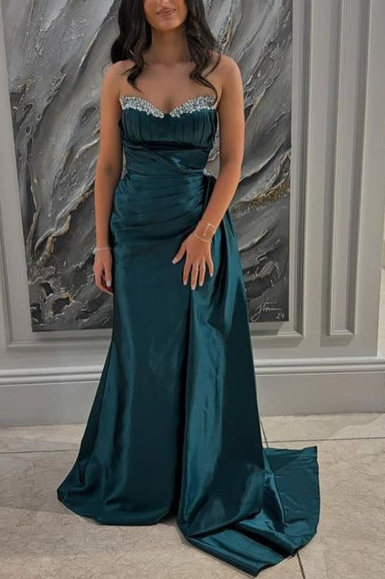 Strapless V-Neck Beads Sleeveless Pleats Long Prom Formal Dress