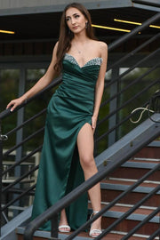 Strapless V-Neck Beads Pleated High Slit Mermaid Long Prom Dress