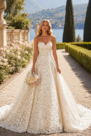 Strapless Lace Ball Gown Wedding Dress with Sweetheart Neckline and Train