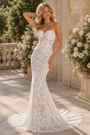 Strapless Lace Mermaid Wedding Dress with Romantic Fit and Flare Silhouette