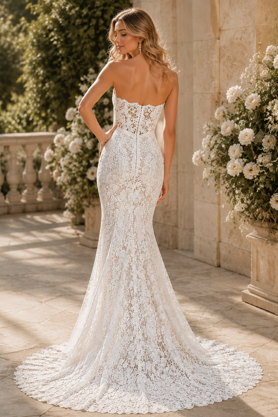 Strapless Lace Mermaid Wedding Dress with Romantic Fit and Flare Silhouette