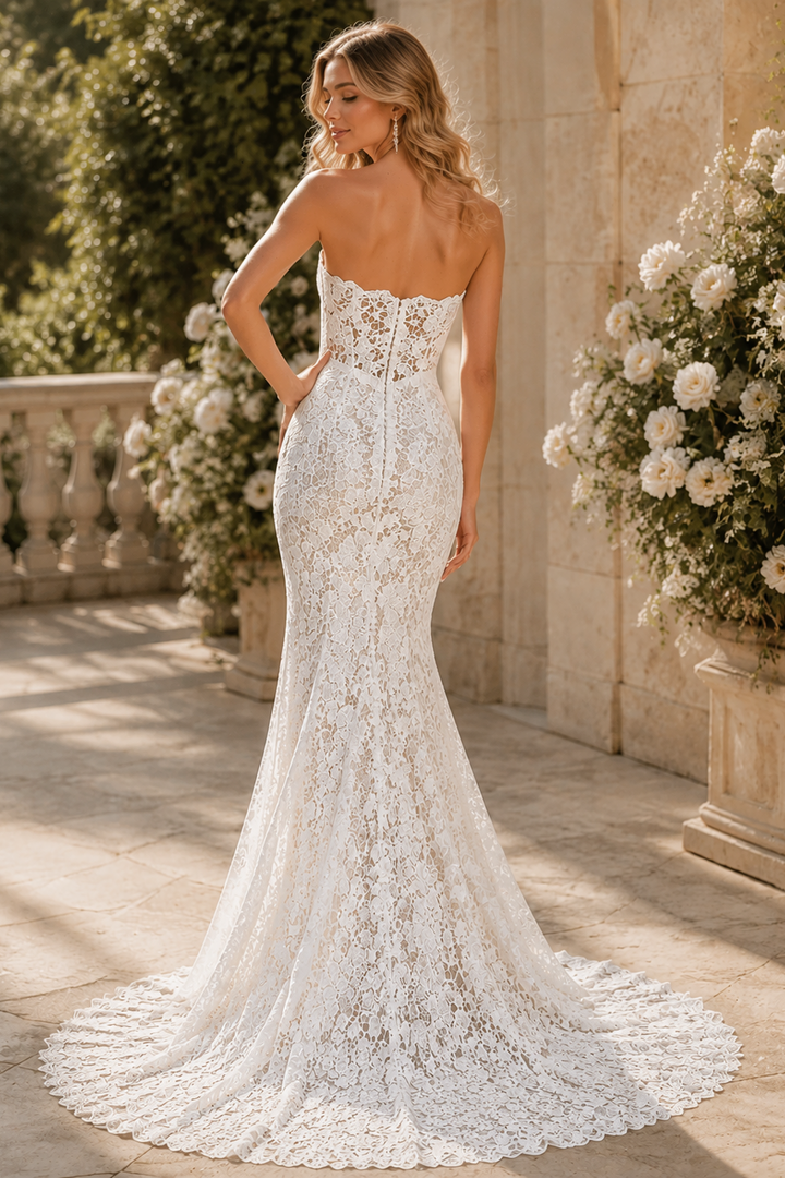 Strapless Lace Mermaid Wedding Dress with Romantic Fit and Flare Silhouette