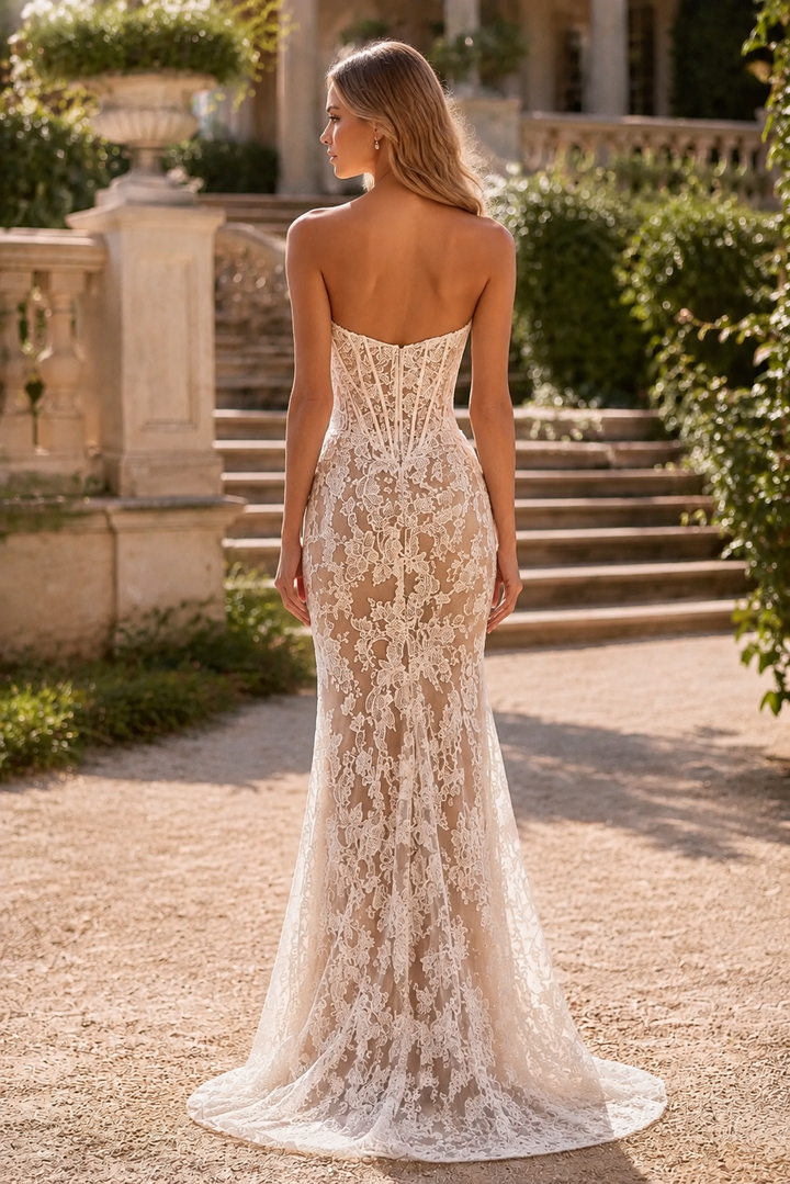 Strapless Lace Mermaid Wedding Dress with Sheer Corset Bridal Gown