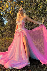 Strapless Pink A-Line Appliques Tulle Prom Formal Dress with High Slit