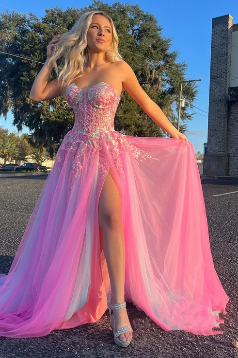 Strapless Pink A-Line Appliques Tulle Prom Formal Dress with High Slit –  Modsele