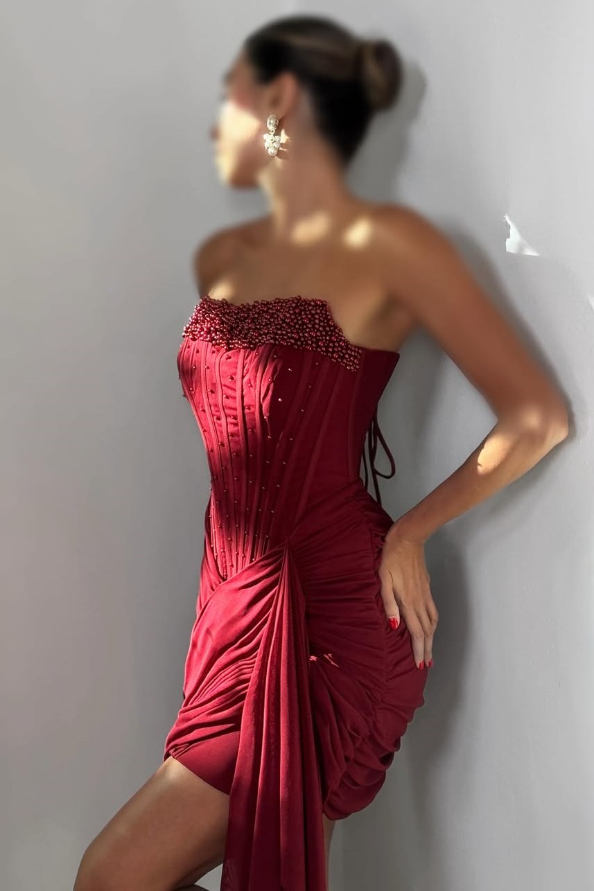 Strapless Pleats Sleeveless Beads Short Homecoming Party Dress