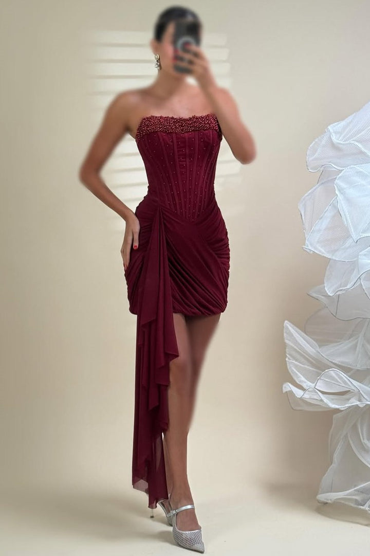 Strapless Pleats Sleeveless Beads Short Homecoming Party Dress