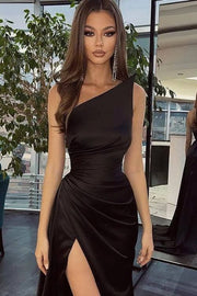 Strapless Sleeveless High Slit Pleated Satin Mermaid Long Formal Prom Dress