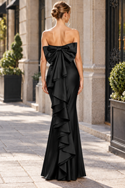 Strapless Scoop Neck Ruffles Bow Satin Long Prom Formal Dress