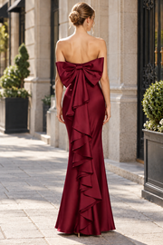 Strapless Scoop Neck Ruffles Bow Satin Long Prom Formal Dress
