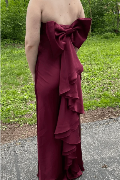 Strapless Scoop Neck Ruffles Bow Satin Long Prom Formal Dress