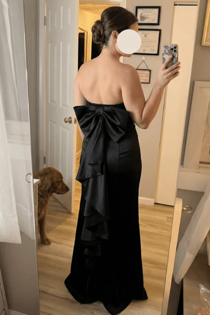 Strapless Scoop Neck Ruffles Bow Satin Long Prom Formal Dress