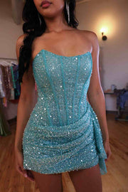 Strapless Sequined Pleats Sleeveless Mini Party Homecoming Dress