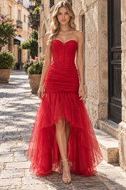 Strapless Sweetheart High-Low Mermaid Ruched Prom Evening Dress with Bow