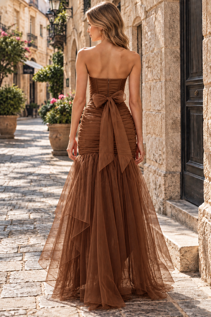 Strapless Sweetheart High-Low Mermaid Ruched Prom Evening Dress with Bow