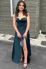 Mermaid Strapless Sweetheart Pleated High Slit Satin Prom Dress Long