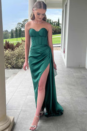 Mermaid Strapless Sweetheart Pleated High Slit Satin Prom Dress Long