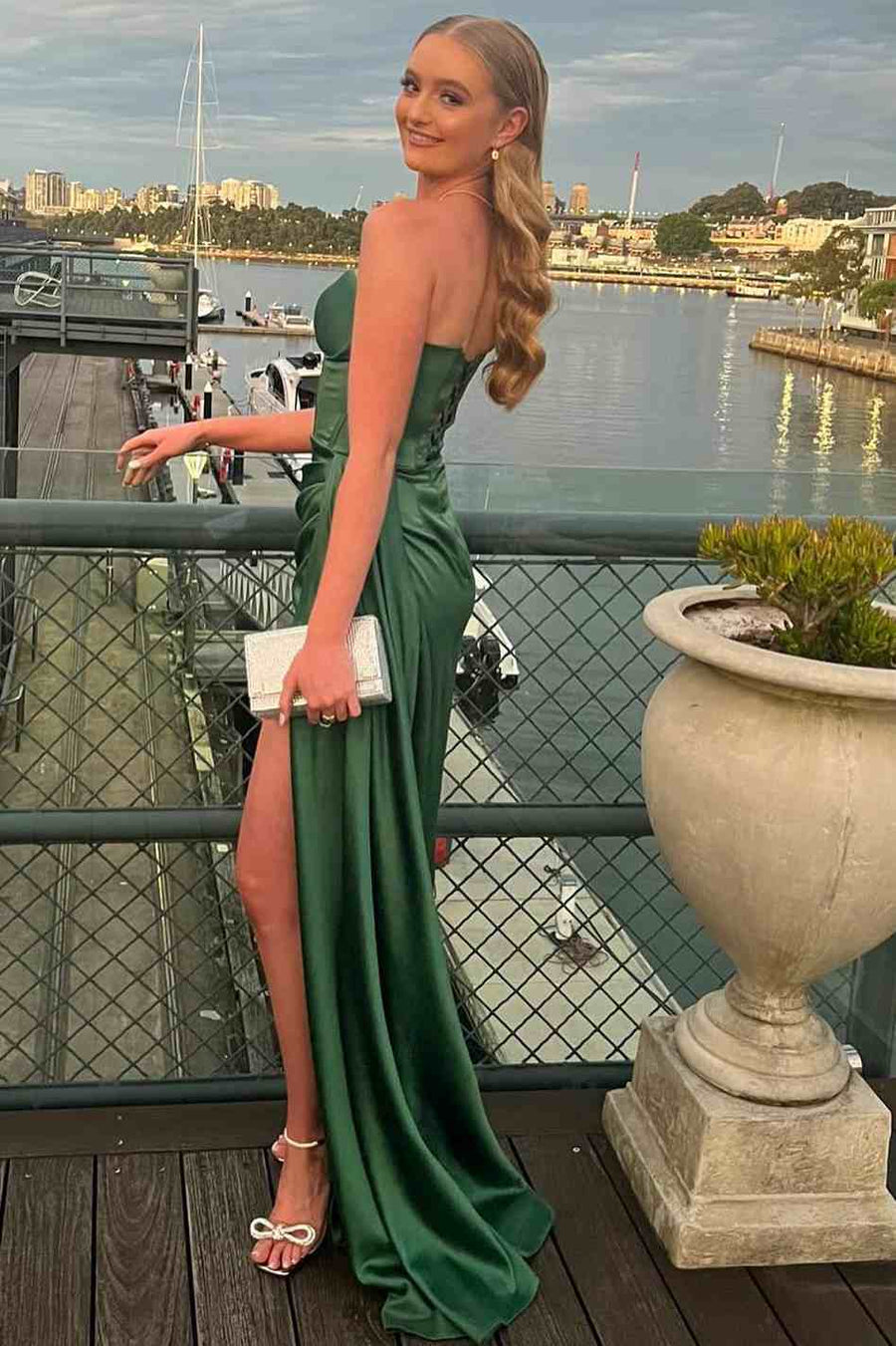 Mermaid Strapless Sweetheart Pleated High Slit Satin Prom Dress Long