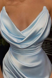 Strapless Cowl Neck Pleated Satin Side Slit Pleated Long Prom Dress