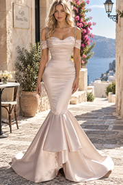 Straps with Beads Mermaid Pleats Satin Long Prom Dress