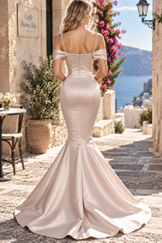 Straps with Beads Mermaid Pleats Satin Long Prom Dress