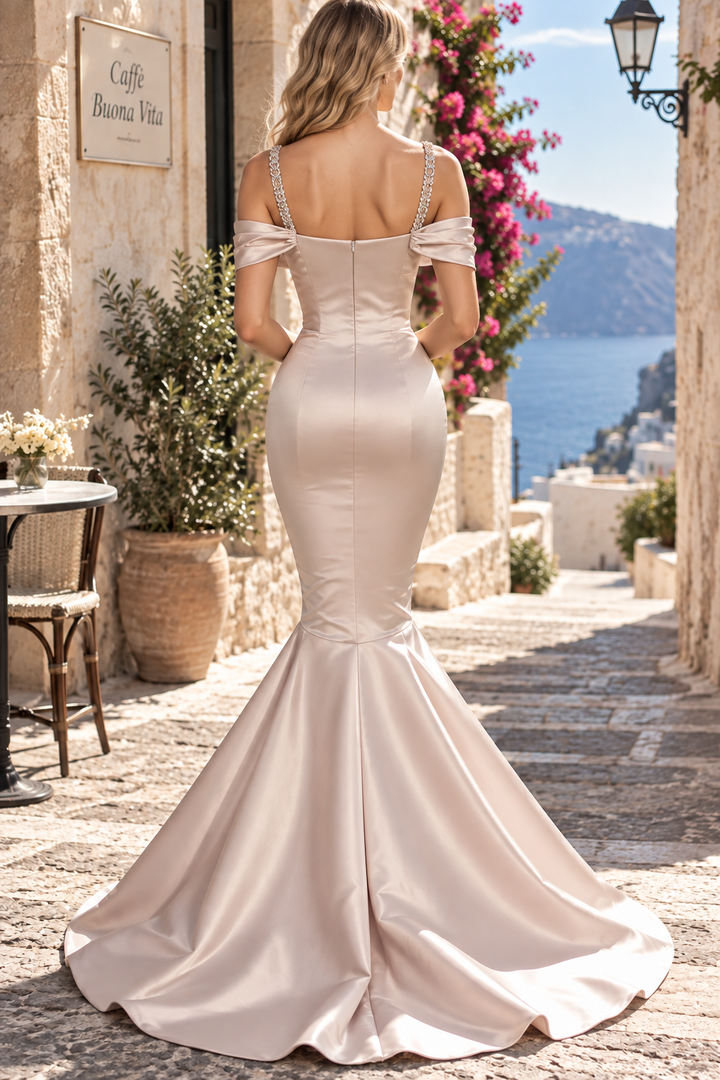 Straps with Beads Mermaid Pleats Satin Long Prom Dress