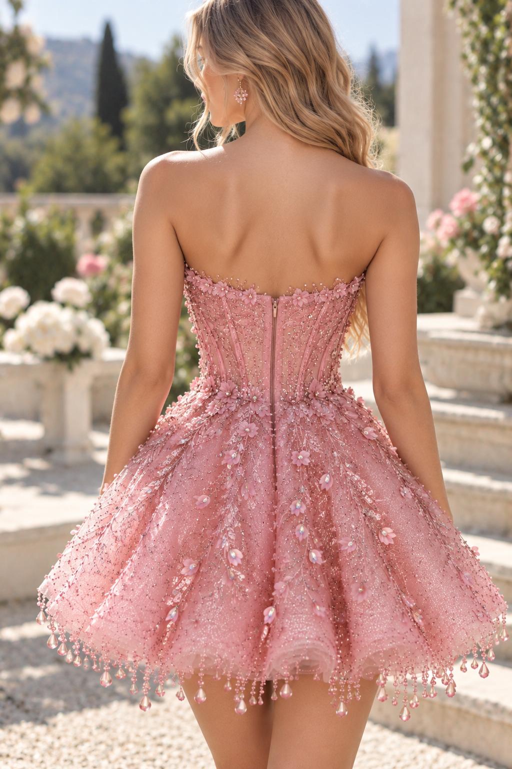 Stunning A-Line Strapless Empire-Waist Beads Short Homecoming Dress with Appliques