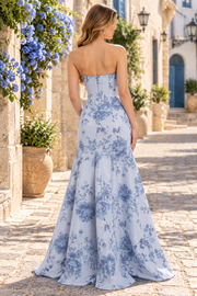 Stunning A-Line Strapless Scoop Neck Print Floral Long Prom Dress