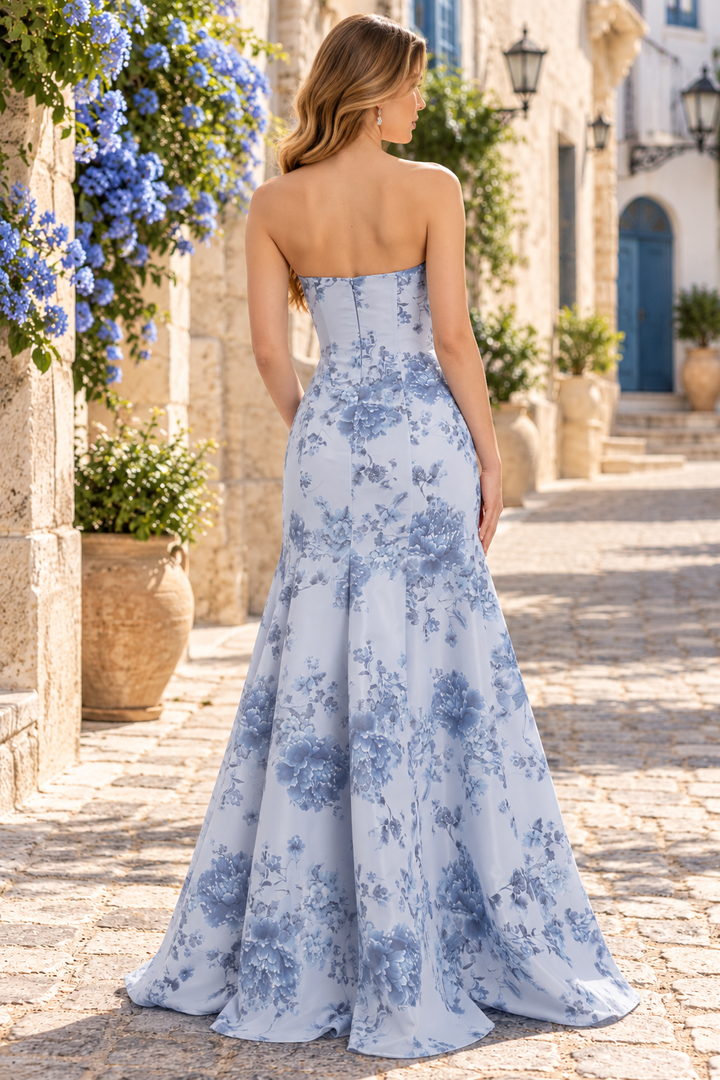 Stunning A-Line Strapless Scoop Neck Print Floral Long Prom Dress