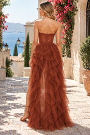 Stunning A-Line Strapless Sweetheart Ruffles Tulle High Slit Prom Evening Dress