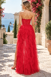 Stunning A-Line Strapless Sweetheart Ruffles Tulle High Slit Prom Evening Dress