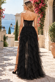 Stunning A-Line Strapless Sweetheart Ruffles Tulle High Slit Prom Evening Dress