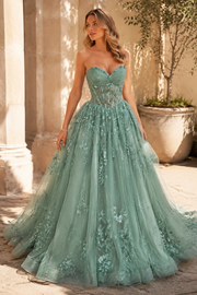Stunning A-Line Strapless Tiered Sequin Appliques Long Prom Dress
