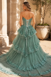 Stunning A-Line Strapless Tiered Sequin Appliques Long Prom Dress