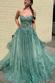 Stunning A-Line Strapless Tiered Sequin Appliques Long Prom Dress